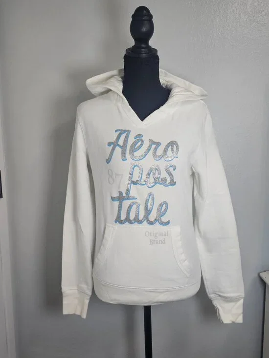 Aeropostale White Pullover Hoodie Sweatshirt with Pocket - Size Medium - Picture 2 of 6